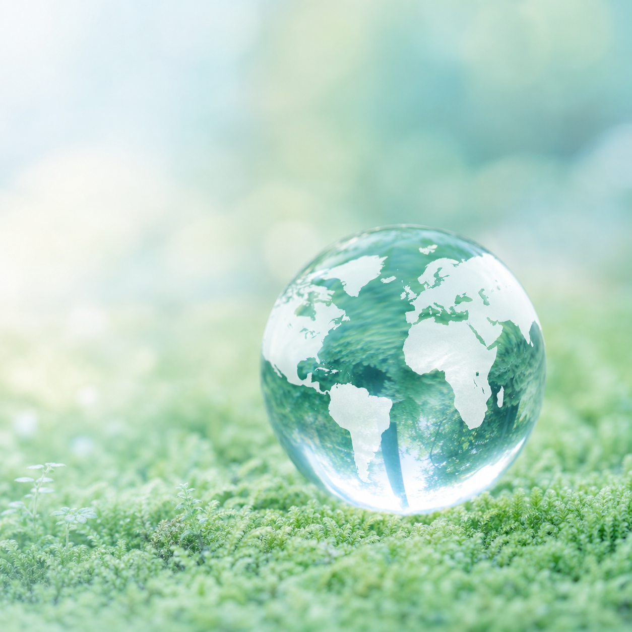 Glass globe on moss with a soft mint and light blue tone